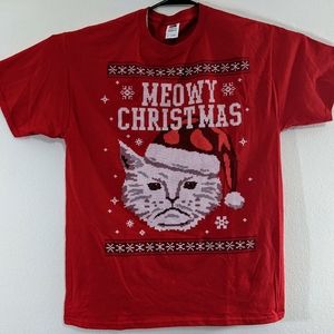 Meowy Christmas short sleeve red t-shirt Lg Unisex